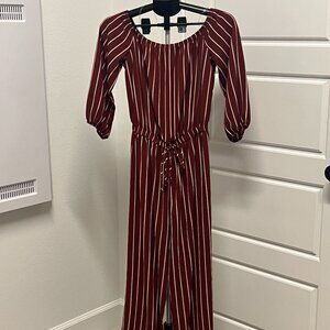 Haute Monde Maroon & White Striped Off-Shoulder Jumpsuit, M, EUC